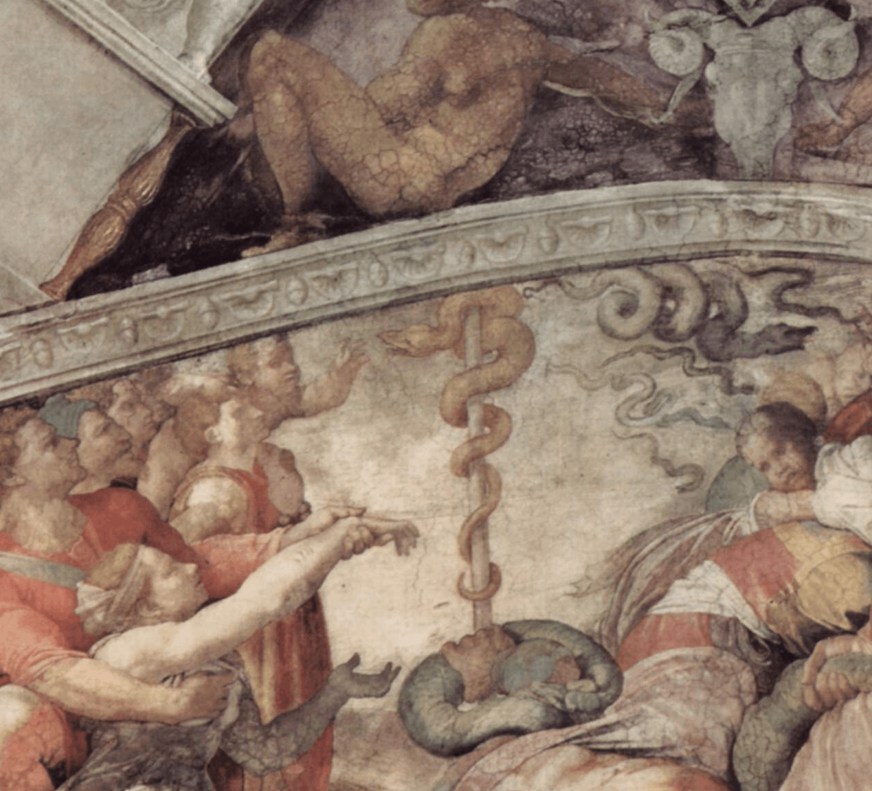 Michelangelos Darstellung der Befreiung der Israeliten von der Schlangenplage durch die Erschaffung der Bronzeschlange